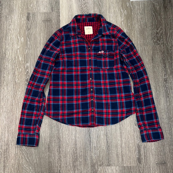 Hollister Red Blue Plaid Button Up Medium - Picture 1 of 6